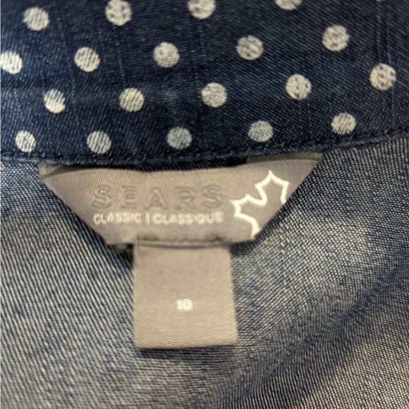 Polkadot denim shirt jean jacket with rhinestone buttons and 3/4 length sleeves - Picture 7 of 7